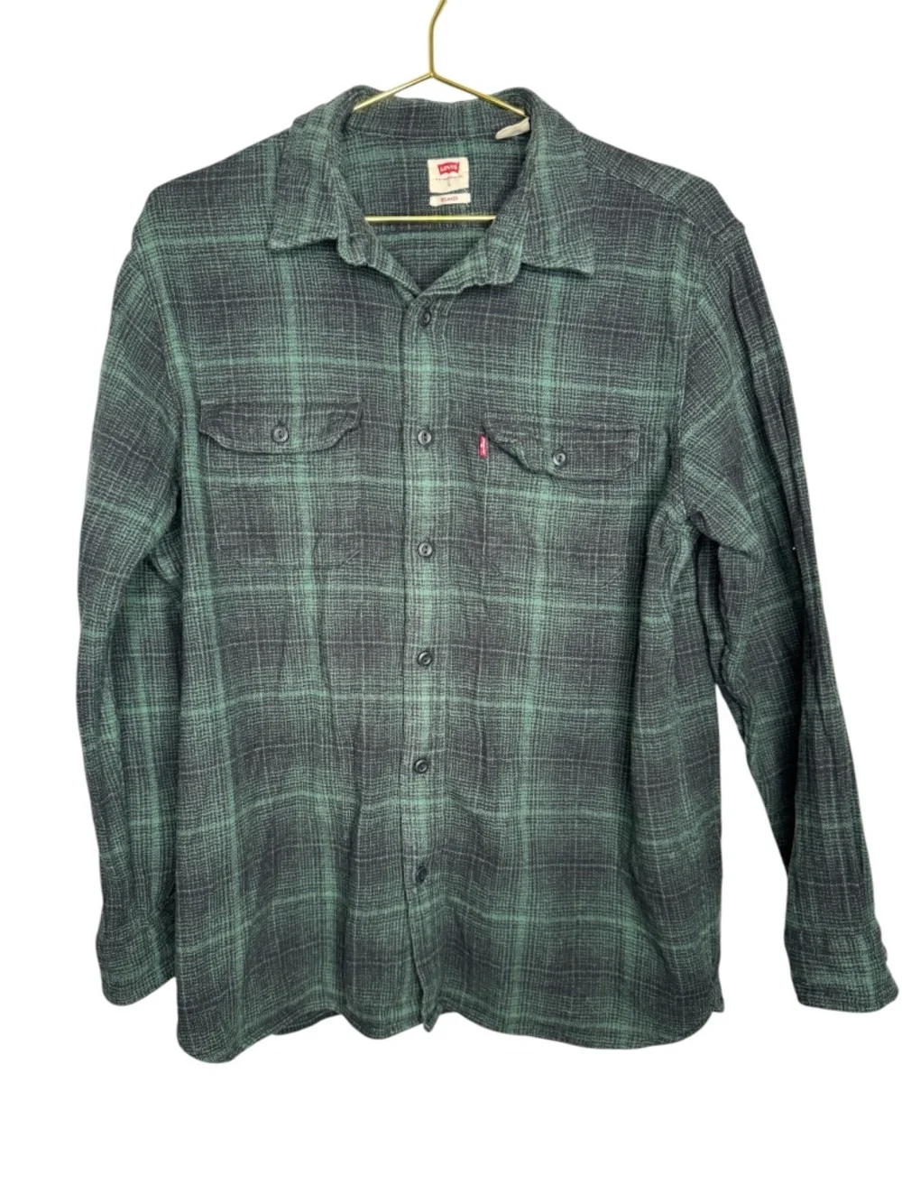 Levis Flannel Shirts Men Large Green Black Relaxed Fit Plaid Button‎ up Pocket